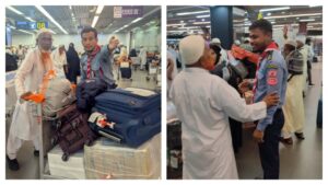 হজ ক্যাম্পে দায়িত্ব পালন করছেন কুমিল্লা বিশ্ববিদ্যালয়ের রোভার স্কাউট সদস্য আকাশ ও সাজিদ